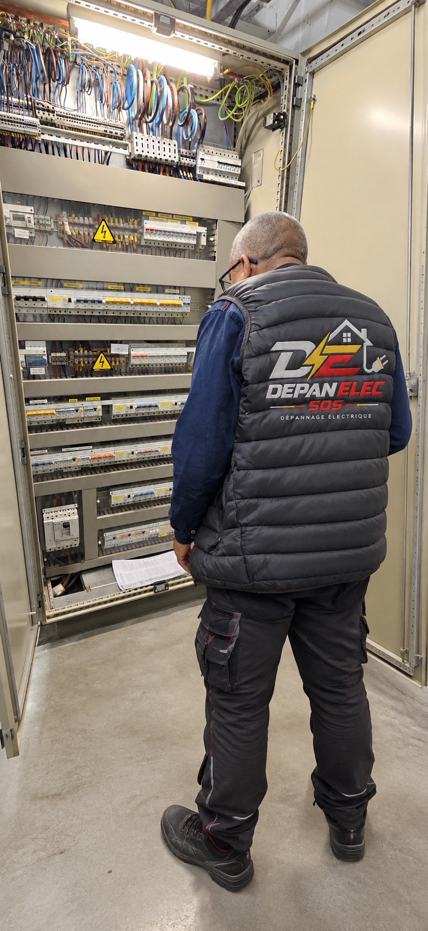Technieker van Depan'Elec SOS aan een zekeringkast